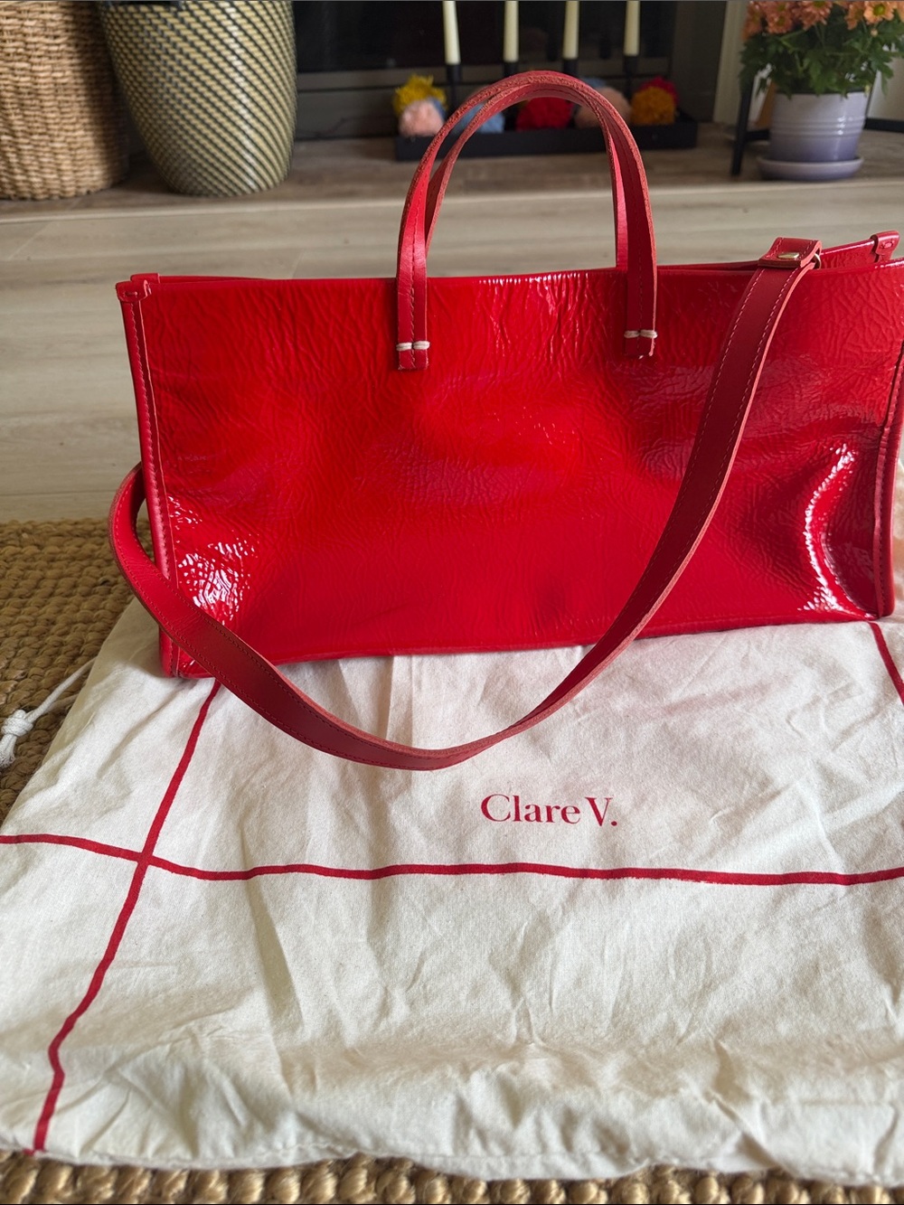 Clare V. Patent Leather Tote in Bright Red with Shoulder Strap